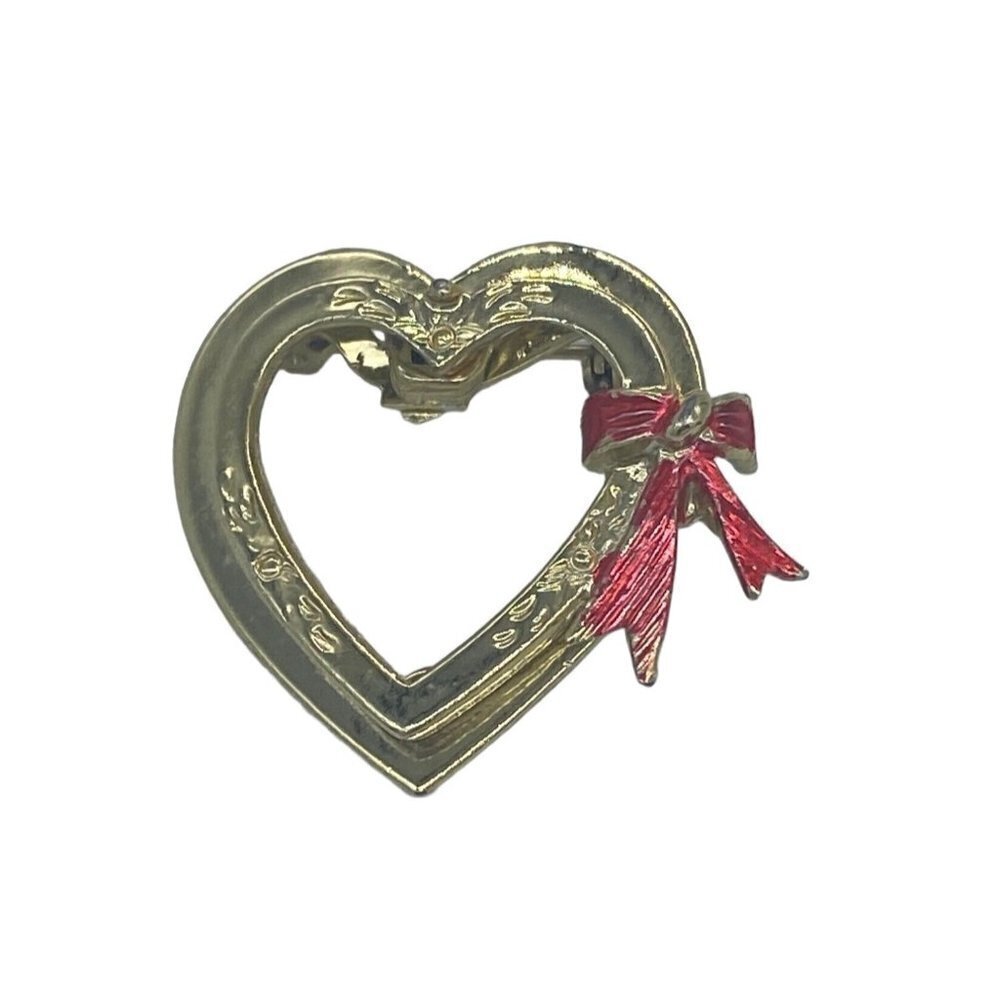 Vintage Gold Plated Double Heart Ribbon Bow Brooch/Pin